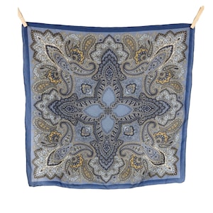 Vintage 90s Silk Bohemian Hippie Festival Style Blue & Brown Paisley Print Small Square Bandana Neck Tie Scarf with Hand-Rolled Hem