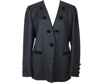 Vintage 80s Avant-Garde Mod Grey & Black Button Down Formal Blazer Jacket with Black Velvet Buttons | Women’s Size Medium-Large | M-L
