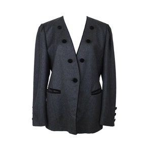 Vintage 80s Avant-Garde Mod Grey & Black Button Down Formal Blazer Jacket with Black Velvet Buttons | Women’s Size Medium-Large | M-L