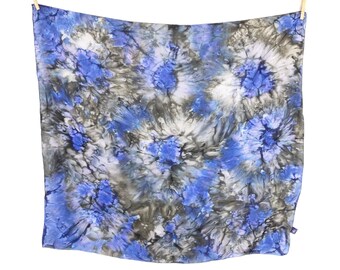 Vintage jaren 90 zijden bandana-sjaal: blauw-zwarte acid wash tie-dye