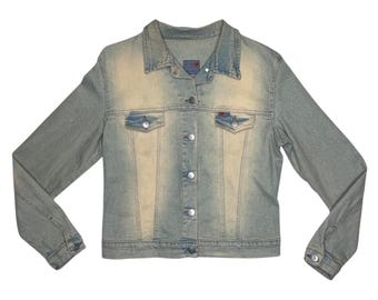 Vintage 2000s Blue & Beige Light Wash Faded Stonewash Fitted Denim Jean Jacket | Size S-M