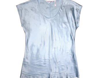 HELMUT LANG Pastel Baby Blue Crinkle Silky Short Sleeve Top | Size XS