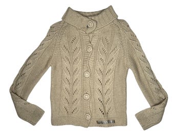 Vintage 2000s BLUMARINE Wool Blend Cable Knit Tan Cardigan Sweater with Rhinestone Detail | Size S