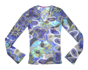 Vintage 2000s Abstract Purple Floral Multicolor Mesh Long Sleeve Top | Size S
