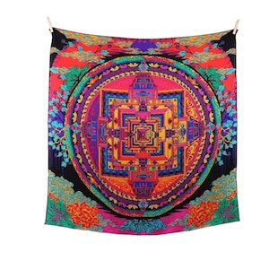 Vintage 2000s Y2K Louis Féraud Silk Bohemian Psychedelic Abstract Geometric Patterned Large Square Bandana Neck Tie Scarf with Handrolled