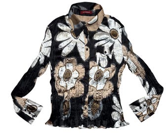 Vintage 2000s Floral Abstract Crinkle Silky Long Sleeve Collared Button Up Shirt | Size M-L