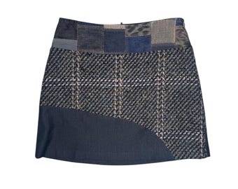 Vintage 2000s SAVE THE QUEEN Wool Blend Patchwork Knit & Denim A-Line Mini Skirt | Size M