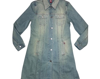 Vintage 2000s KILLAH Stonewash Denim Midi Trench Jean Jacket | Size M