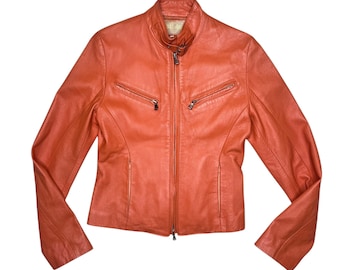 Vintage 2000s Orange Moto Leather Zip Up Jacket with Buckle Detail | Size S