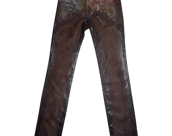 Vintage 2000s Y2K Low Rise Brown & Multicoloured Abstract Velour Slim Fit Skinny Jean Pants with Liquid Metallic Detail | 28 Inch Waist