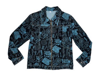 Vintage 2000s Black & Blue Abstract Vogue Print Collared Glitter Zip Up Jacket | Size M-L