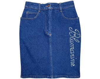 Vintage 2000s BLUMARINE High Waisted Knee Length Denim Skirt With Rhinestone Detail | Size XS