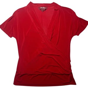 Vintage 2000s Y2K Max Mara Studio Red Short Sleeve V-Neck Draped Blouse | Size M