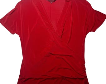 Vintage 2000s Y2K Max Mara Studio Red Short Sleeve V-Neck Draped Blouse | Size M