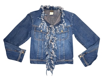 Vintage 2000s PLEIN SUD Distressed Fringe Denim Button Down Jacket | Size M