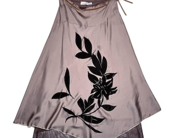 Vintage 2000s PINKO Silk Tan & Brown Midi Skirt with Velvet Floral Detail | Size S