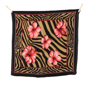 Vintage 90s Y2K Bohemian Hippie Hawaiian Floral Print Brown Pink & Black Zebra Print Small Square Bandana Neck Tie Scarf