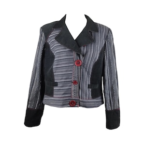 Vintage 2000s Y2K Preppy Grunge Black Grey & Red Patchwork Corduroy Button Down Collared Blazer Jacket | Size L
