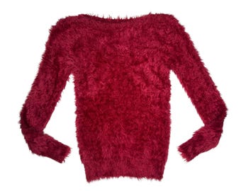 Vintage 2000s Y2K Red Fuzzy Fitted Stretchy Pullover Sweater | Size XS-S