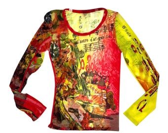 Vintage 2000s SAVE THE QUEEN Bright Red & Yellow Abstract Graphic Mesh Patchwork Long Sleeve Top | Size S