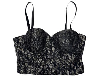 Vintage 2000s Black & Gold Metallic Floral Lace Cropped Bustier Corset | Size M-L