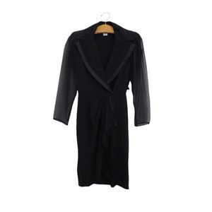 Vintage 80s Black Formal Long Sleeve Collared Wrap Mini Dress with Sheer Sleeves | Size XXS-XS