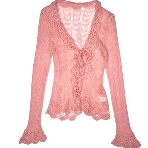 Y2K Mohair Blend Crochet Cardigan | Baby Pink Ruffle Sweater, Size S