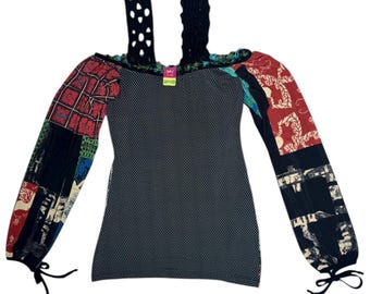 Vintage Save the Queen Patchwork Blouse | Y2K Off-the-shoulder Top