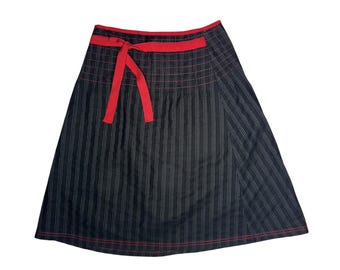 Vintage Max & Co Black Red A-Line Midi Skirt with Waist Tie | Cotton Size S