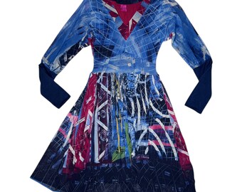 Vintage 2000s SAVE THE QUEEN Long Sleeve Blue Multicolored Abstract Print Mesh Midi Dress | Size L