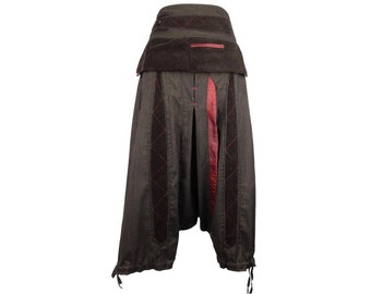 Pantalones harén marrones de cintura alta, fluidos, estilo hippie subversivo Y2K, de festival, vintage de los años 2000, con cordones y detalle de patchwork / 73 cm