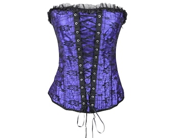 Vintage 2000s Y2K Gothic Purple Black Ruffled Lace Sleeveless Corset Bustier Top with Ribbon Lace Up Front & Bac