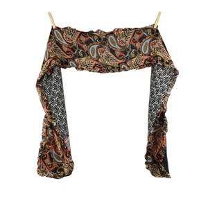 Vintage 2000s Y2K Cottage Prairie Style Ruffled Reversible Paisley & Abstract Patterned Thin Long Neck Tie Scarf