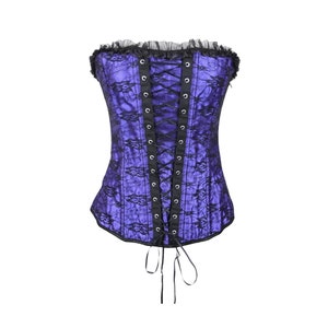 Vintage 2000s Y2K gótico púrpura negro con volantes encaje sin mangas corsé Bustier Top con cinta con cordones en la parte delantera y trasera