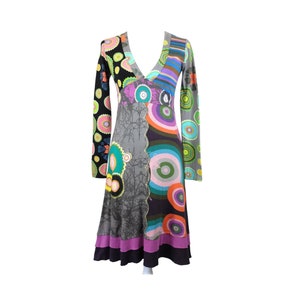 Vintage 2000s Y2K Desigual Abstract Patterned Long Sleeve V-Neck Fit & Flare Full Circle Midi Dress | Size S