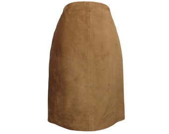Vintage 90s Y2K Tan Brown Suede Leather High Waisted Below-the-Knee A-Line Midi Skirt | 29 Inch Waist