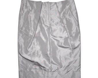 Vintage 90s SALVATORE FERRAGAMO Silk Light Taupe Metallic Below-the-Knee Midi Skirt | Size L
