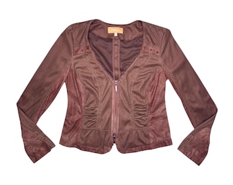 Vintage 2000s Brown Zip Up Suede-Look Lightweight Jacket with Faux Snakeskin & Ruching Detail | Size M