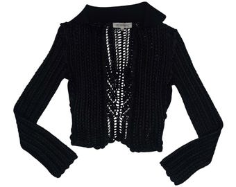 Vintage 2000s SPORTMAX Black Crocheted Collared Open Cardigan Sweater | Size S