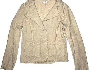 Vintage 90er Jahre Minimalist Beige Leinen Basic Button Down Kragen Leichte Blazer Jacke | Größe M-L