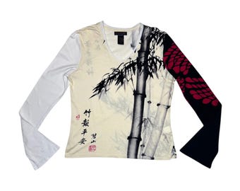 Vintage 2000s CUSTO BARCELONA Abstract Bamboo Print Long Sleeve Graphic T-Shirt | Size M