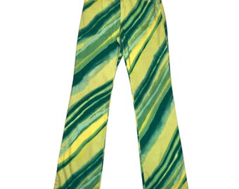 Vintage 2000s Y2K Just Cavalli Mid-Rise Yellow & Green Abstract Acid Print Bootcut Jeans (As Seen on Sex and the City Season 4, Ep. 13)