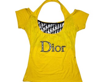 Vintage 2000s CHRISTIAN DIOR Subversive Yellow & Black Glitter Logo Layered Halter Off-the-Shoulder T-Shirt | Size S-M