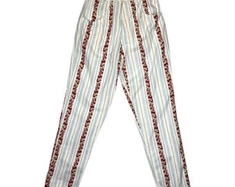 Vintage 90s PEPE JEANS High Waisted Blue & Red Floral Striped Summer Jeans | Size XS