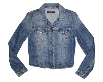 Vintage 2000s Blue Denim Fitted Jean Jacket with Cropped Back Detail | Size S