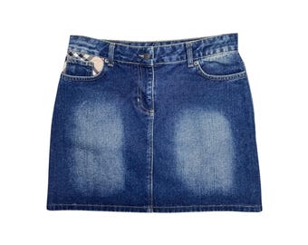 Vintage 2000s BURBERRY Mid-Rise Stonewash Denim Jean Mini Skirt with Plaid Pocket Detail | Size S