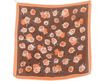 Vintage 90s Silk Bohemian Cottage Brown & Orange Floral Rose Patterned Small Square Bandana Neck Tie Scarf
