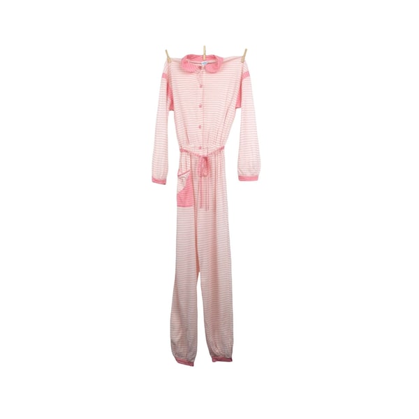 Vintage 70er Mod Hippie Chic Pastell Pink & Weiß gestreift Langarm Button Up Jumpsuit mit Taillenkrawatte | Größe XS