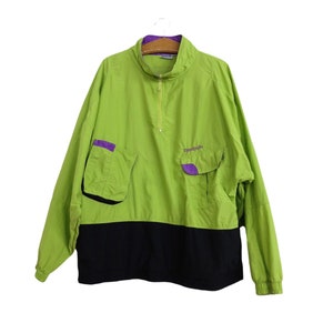 Vintage 80s Reebok Branded Logo Sports Athletic Lime Green & Purple 1/4 Zip Up Pullover Track Jacket | Men’s Size L-XL | Women’s XXL