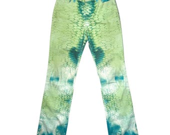 Vintage 2000s CAVALLI Mid-Rise Blue & Green Abstract Snake Print Straight Leg Jeans | Size S-M